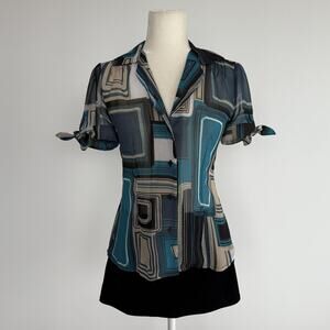 Worthington Blouse Womens 8P Blue Geometric Sheer Collared Short Sleeve Top